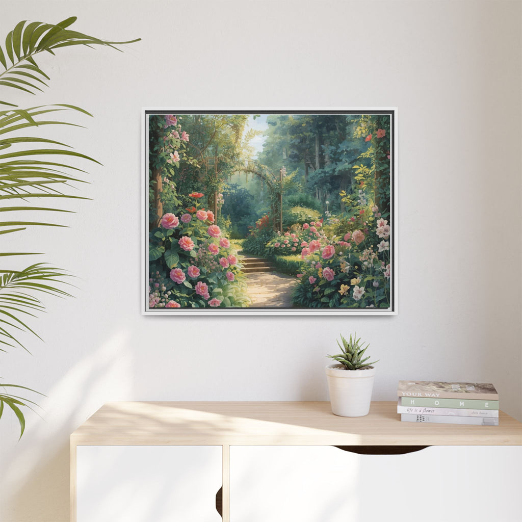 Framed Canvas Wall Art – Enchanting Cottage Garden Path with Pink Roses