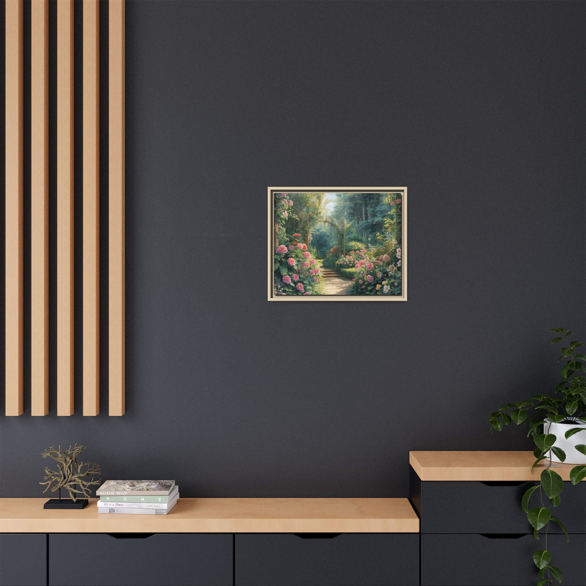 Framed Canvas Wall Art – Enchanting Cottage Garden Path with Pink Roses