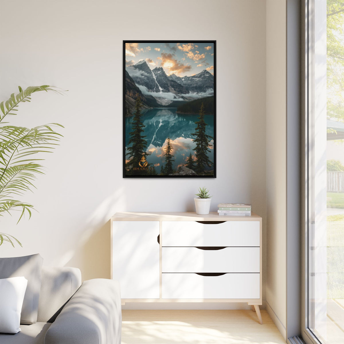 Framed Mountain Lake Landscape Canvas Wall Art