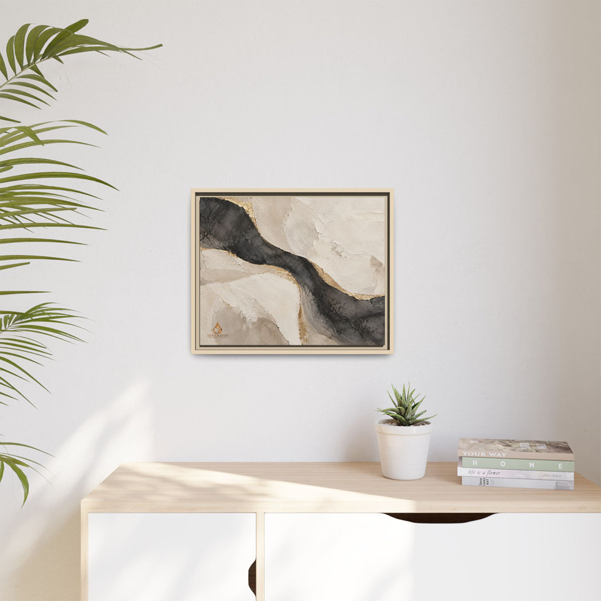 Framed Canvas Wall Art – Neutral Black, Beige & Gold Abstract