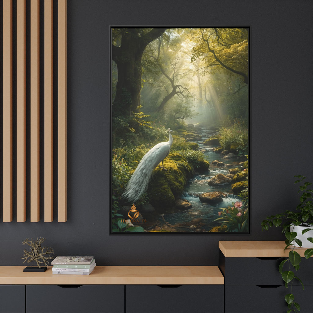 Framed Canvas Wall Art – White Heron in Enchanted Forest Stream