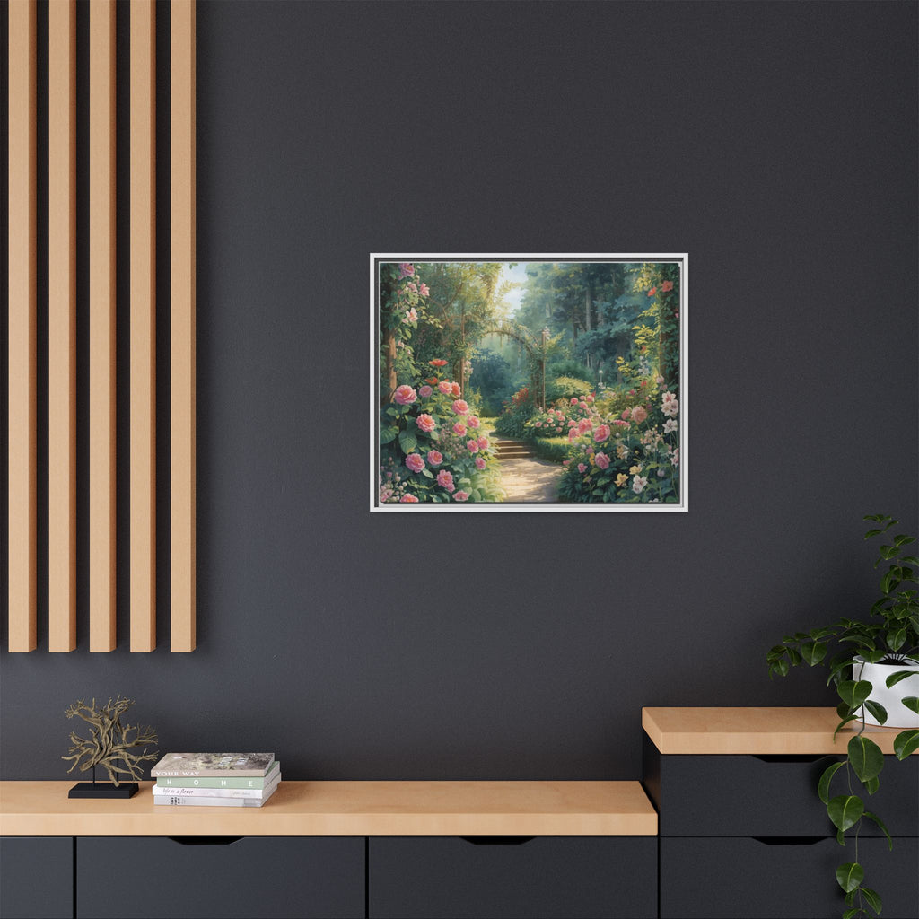 Framed Canvas Wall Art – Enchanting Cottage Garden Path with Pink Roses