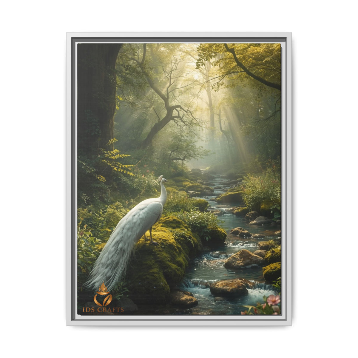 Framed Canvas Wall Art – White Heron in Enchanted Forest Stream