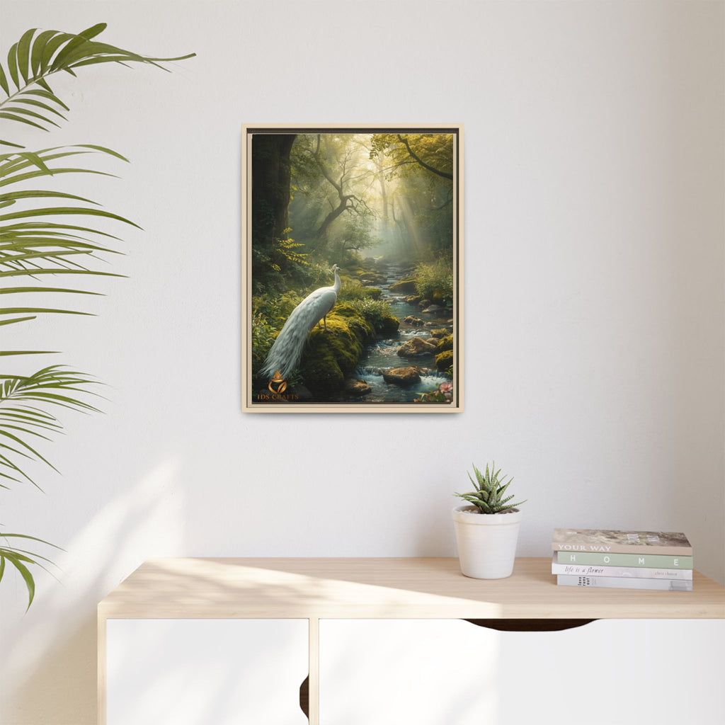 Framed Canvas Wall Art – White Heron in Enchanted Forest Stream