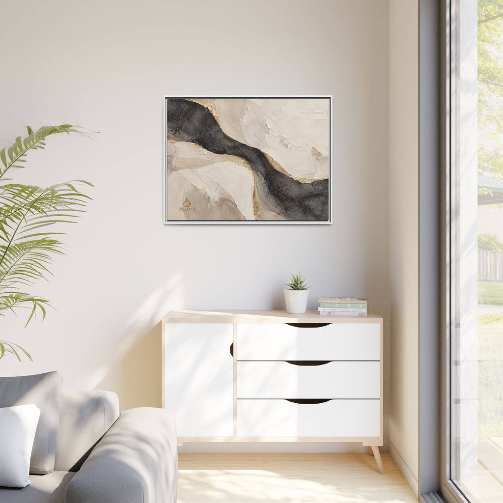 Framed Canvas Wall Art – Neutral Black, Beige & Gold Abstract