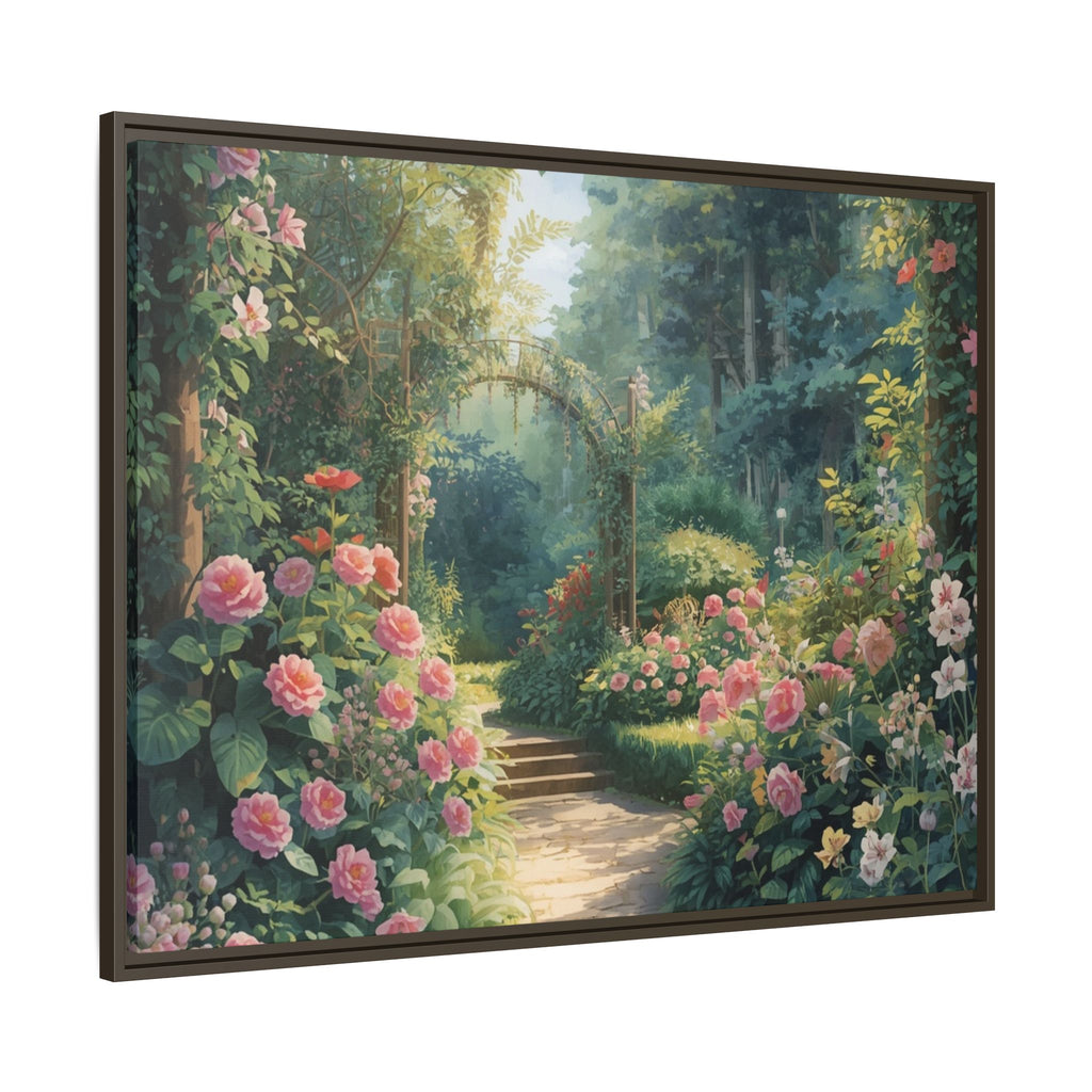 Framed Canvas Wall Art – Enchanting Cottage Garden Path with Pink Roses