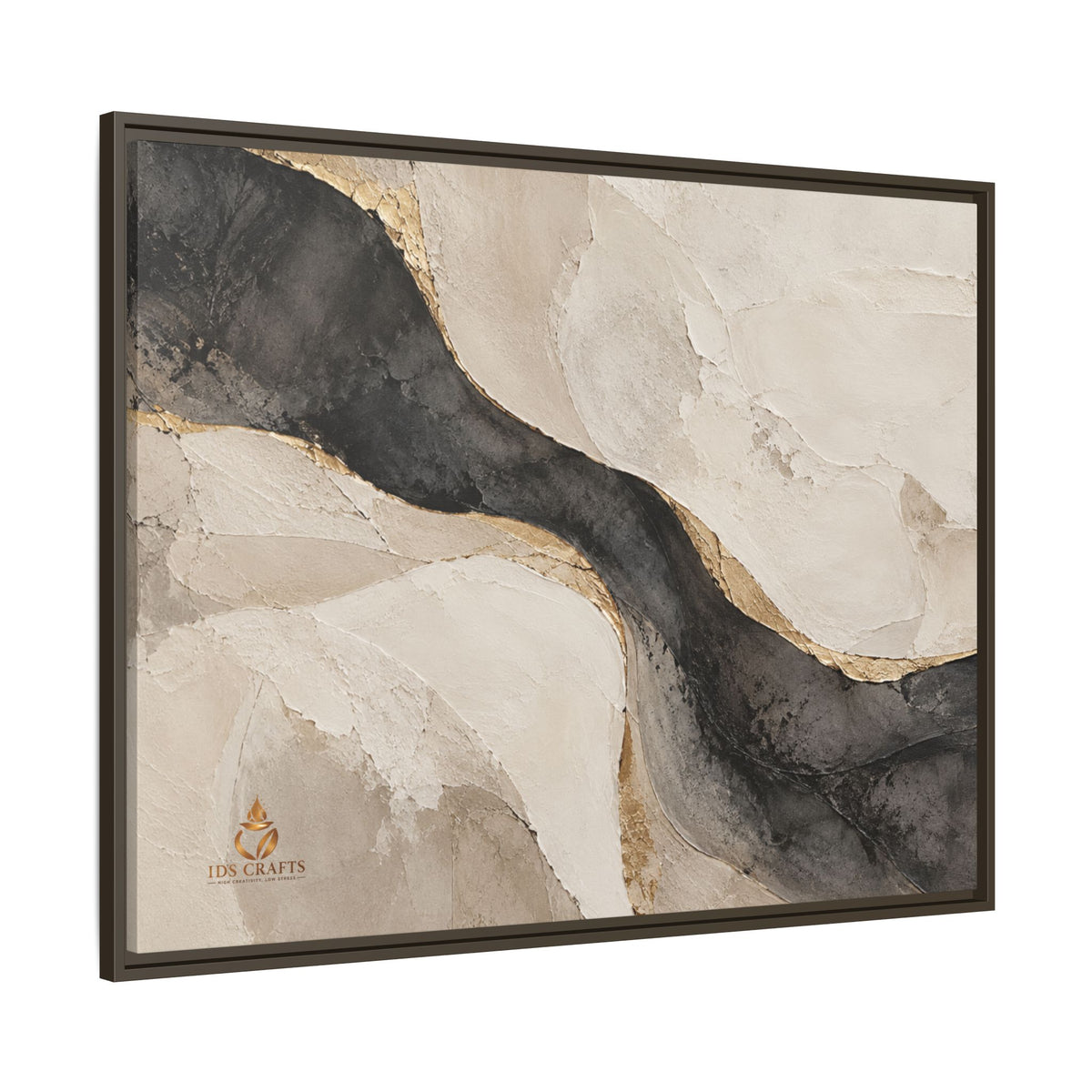 Framed Canvas Wall Art – Neutral Black, Beige & Gold Abstract