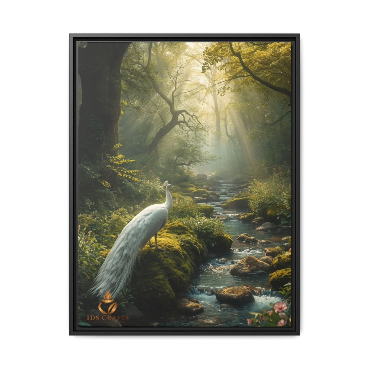 Framed Canvas Wall Art – White Heron in Enchanted Forest Stream