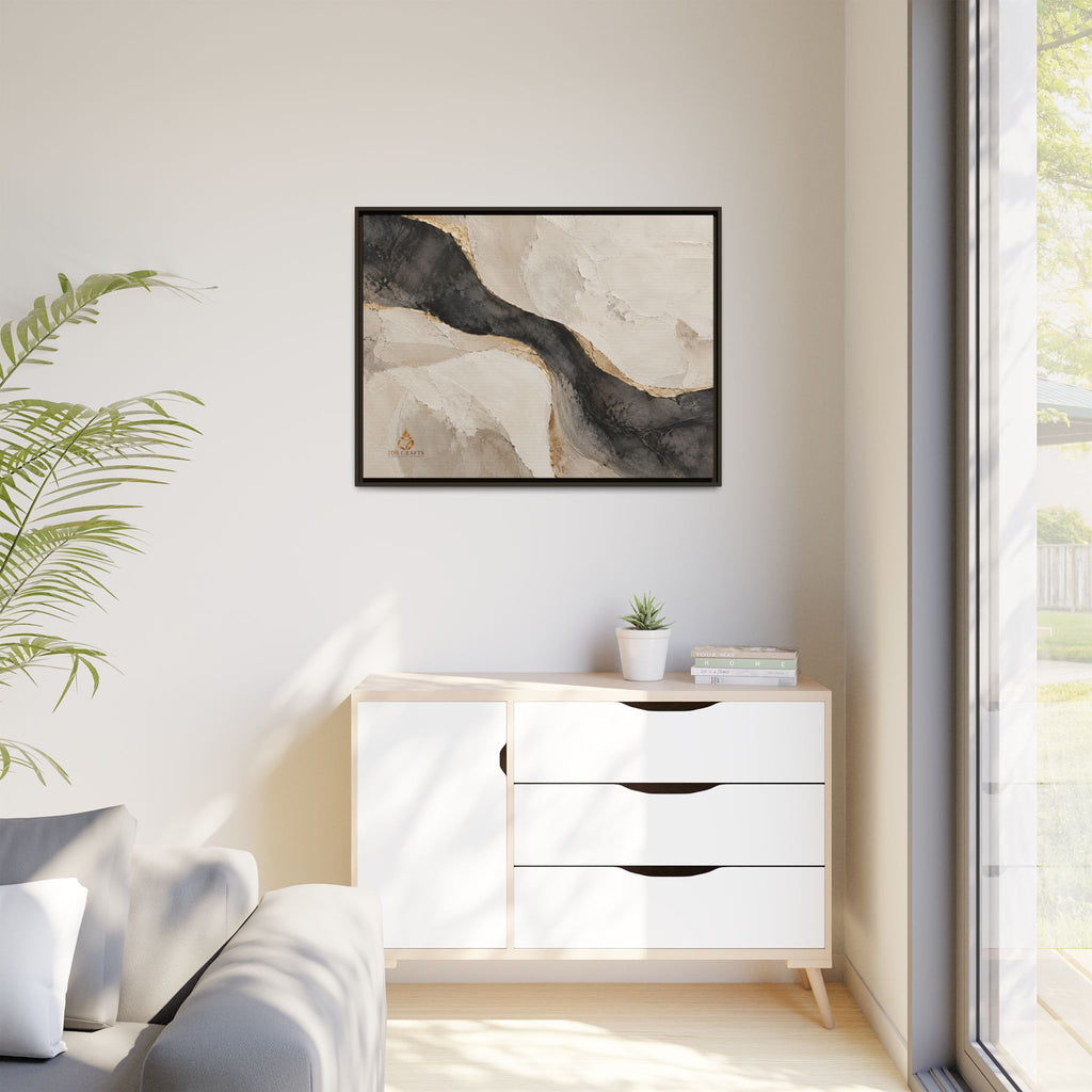 Framed Canvas Wall Art – Neutral Black, Beige & Gold Abstract