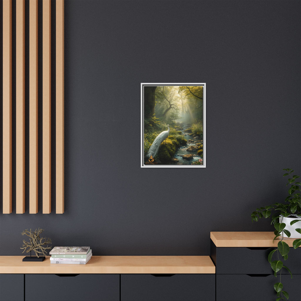 Framed Canvas Wall Art – White Heron in Enchanted Forest Stream