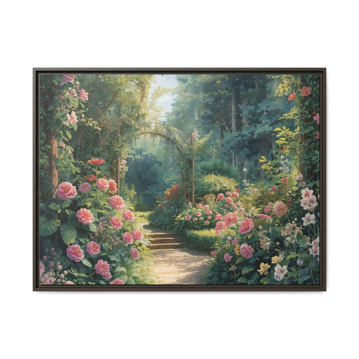 Framed Canvas Wall Art – Enchanting Cottage Garden Path with Pink Roses
