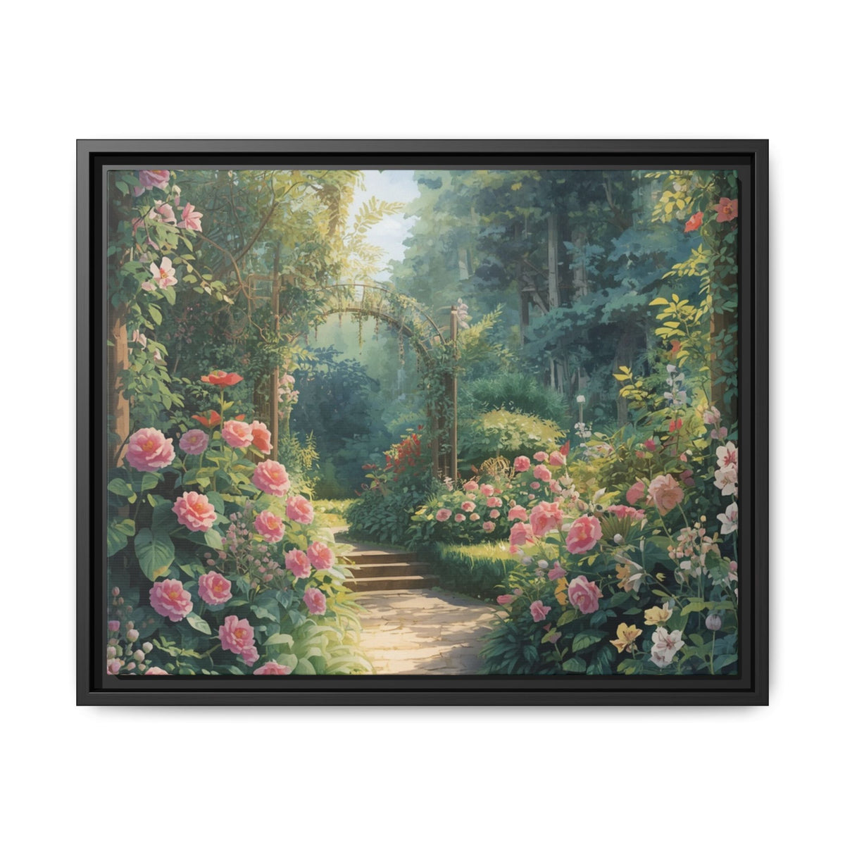Framed Canvas Wall Art – Enchanting Cottage Garden Path with Pink Roses