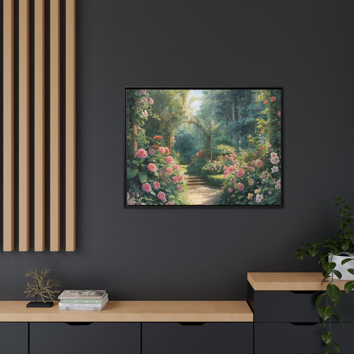 Framed Canvas Wall Art – Enchanting Cottage Garden Path with Pink Roses
