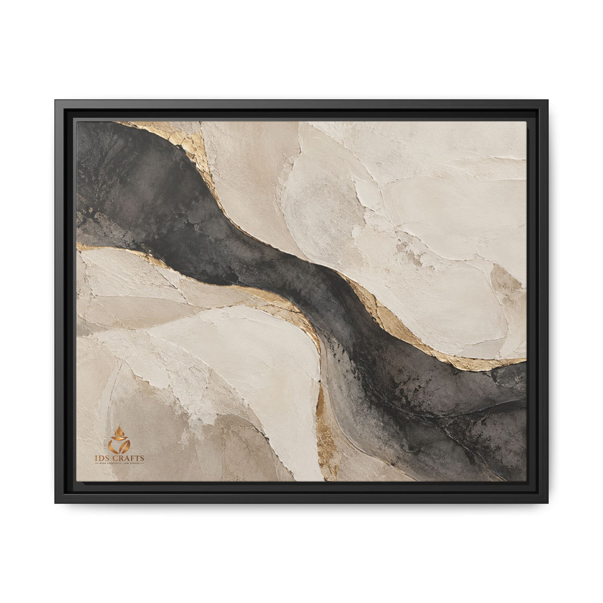 Framed Canvas Wall Art – Neutral Black, Beige & Gold Abstract