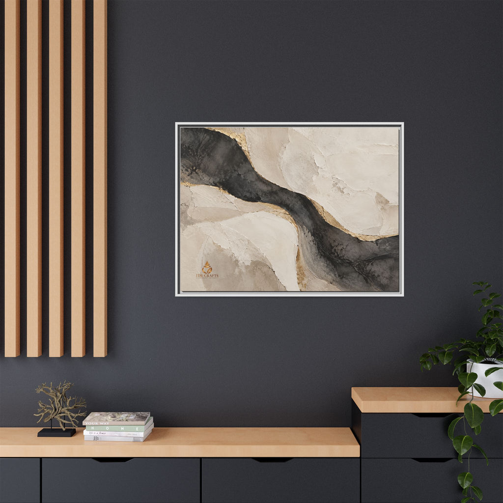 Framed Canvas Wall Art – Neutral Black, Beige & Gold Abstract