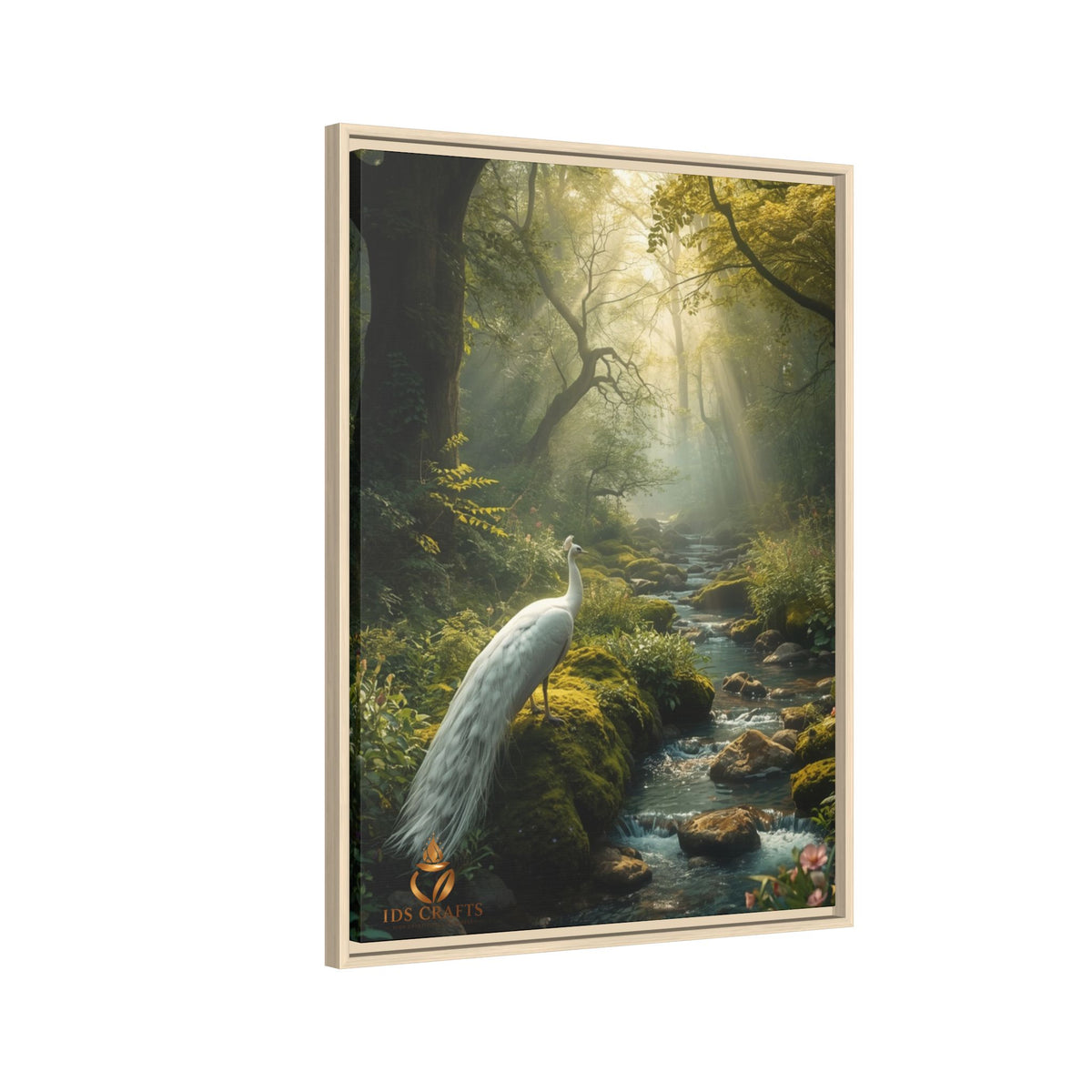 Framed Canvas Wall Art – White Heron in Enchanted Forest Stream