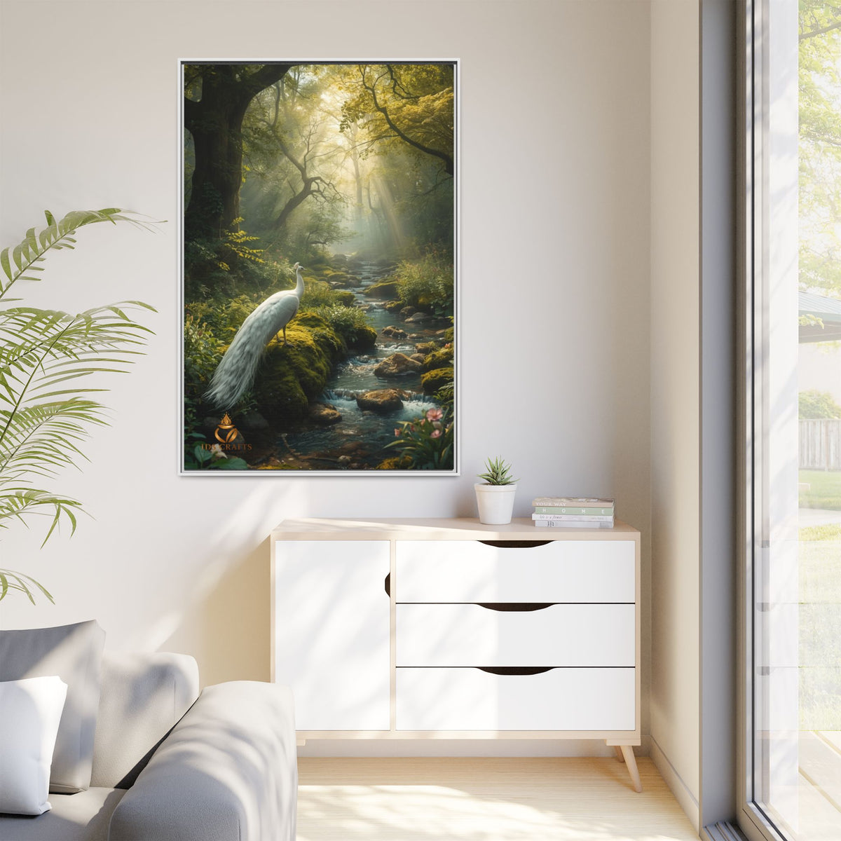 Framed Canvas Wall Art – White Heron in Enchanted Forest Stream