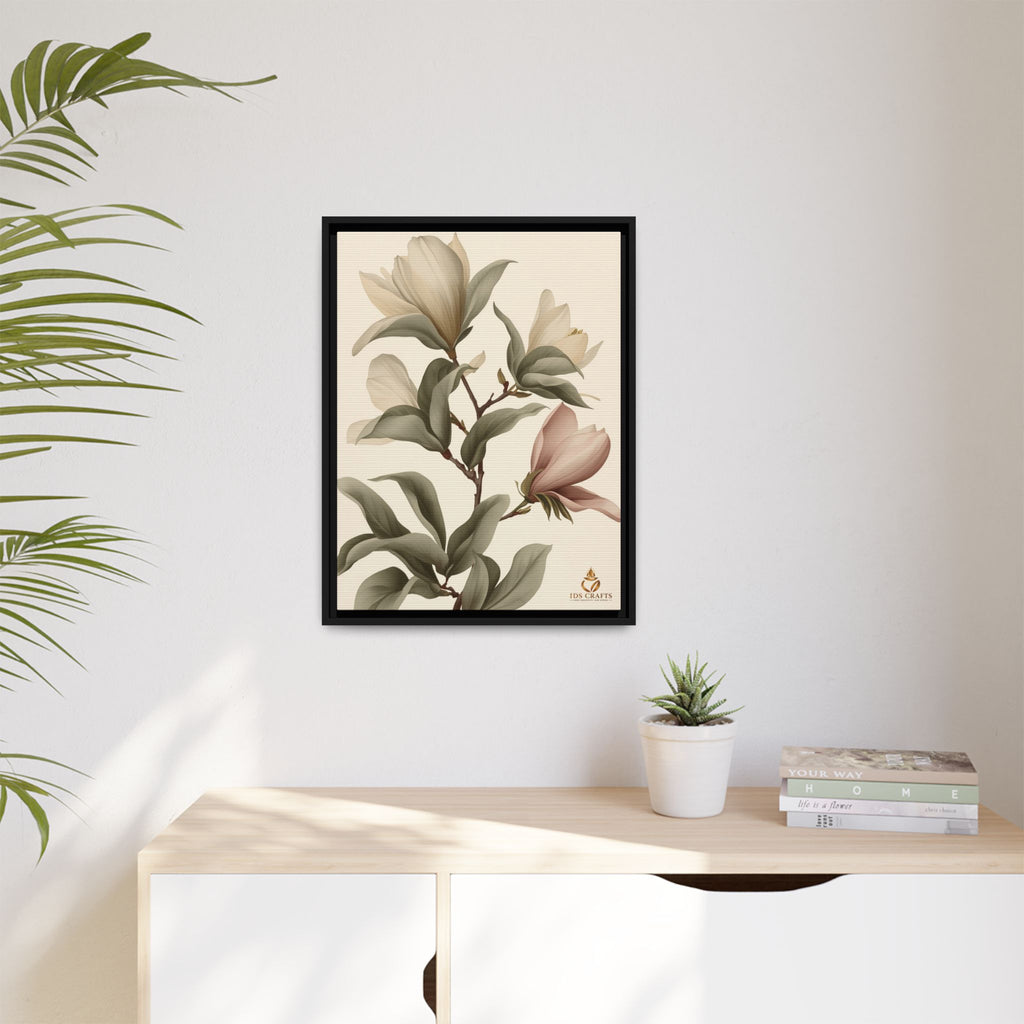 Framed Canvas Wall Art – Elegant Neutral Magnolia Botanical Print