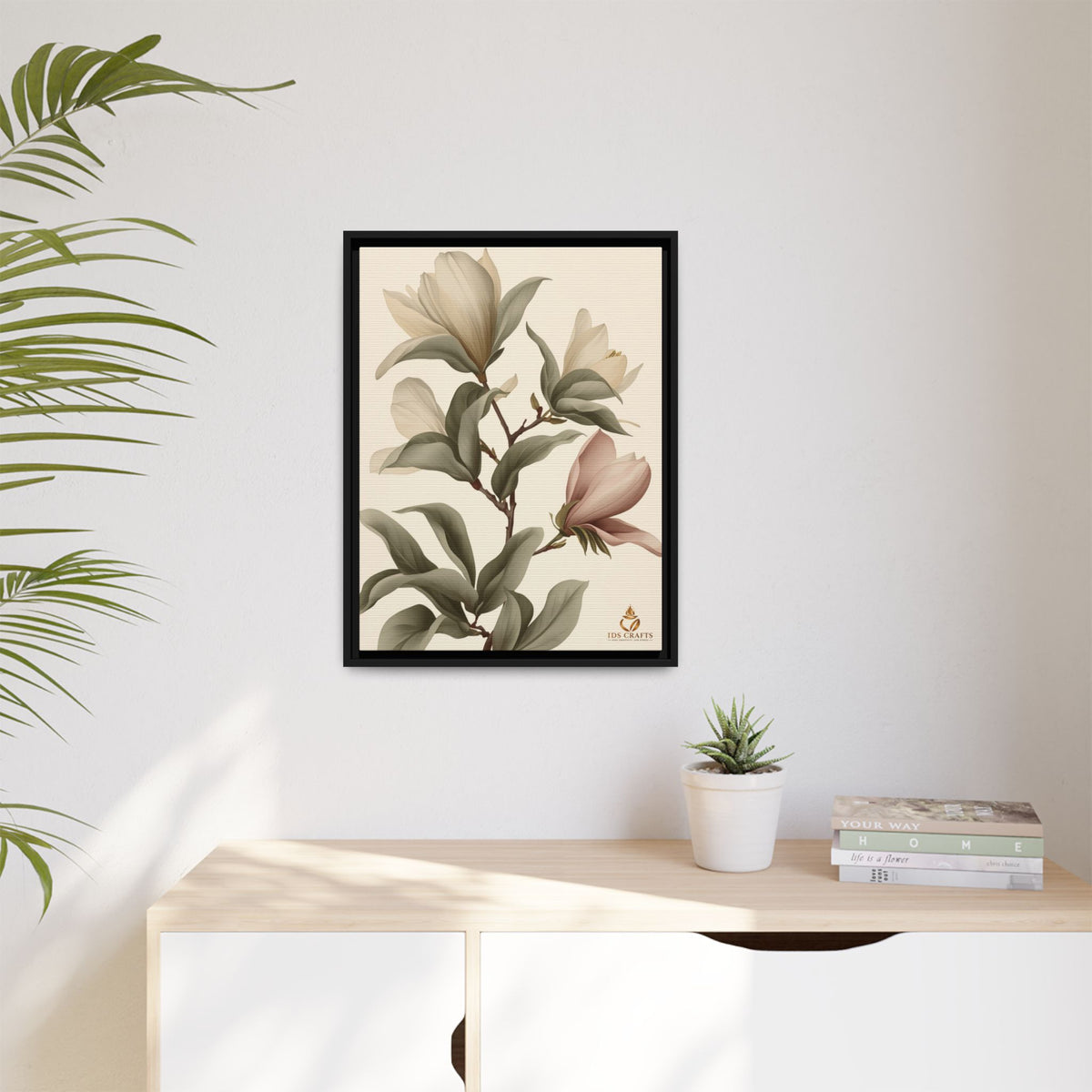 Framed Canvas Wall Art – Elegant Neutral Magnolia Botanical Print