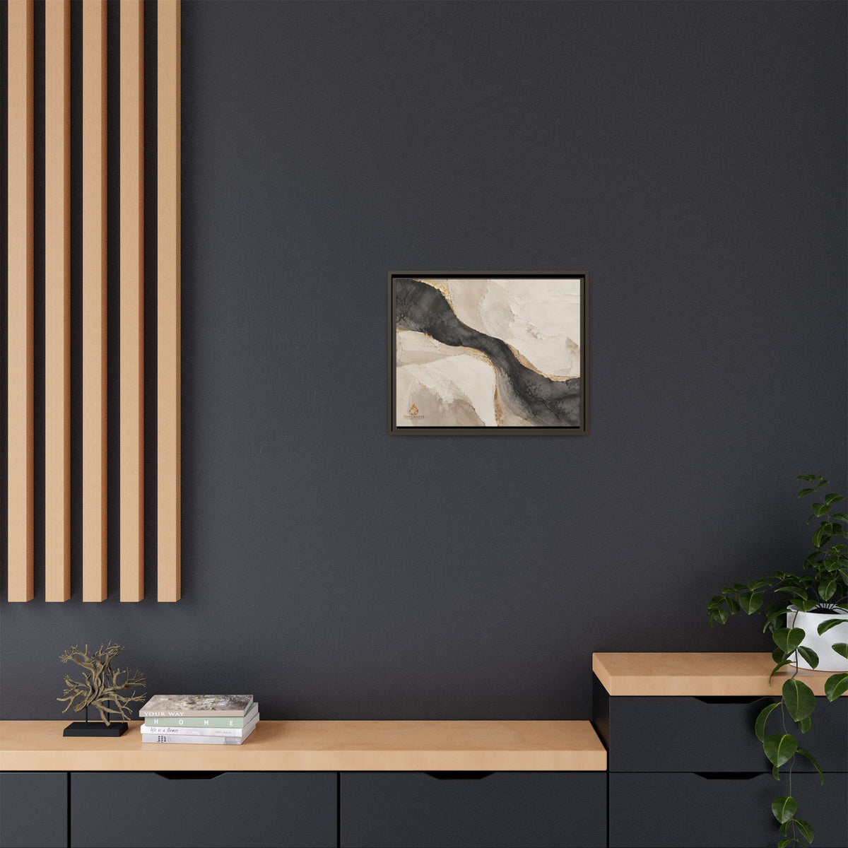 Framed Canvas Wall Art – Neutral Black, Beige & Gold Abstract