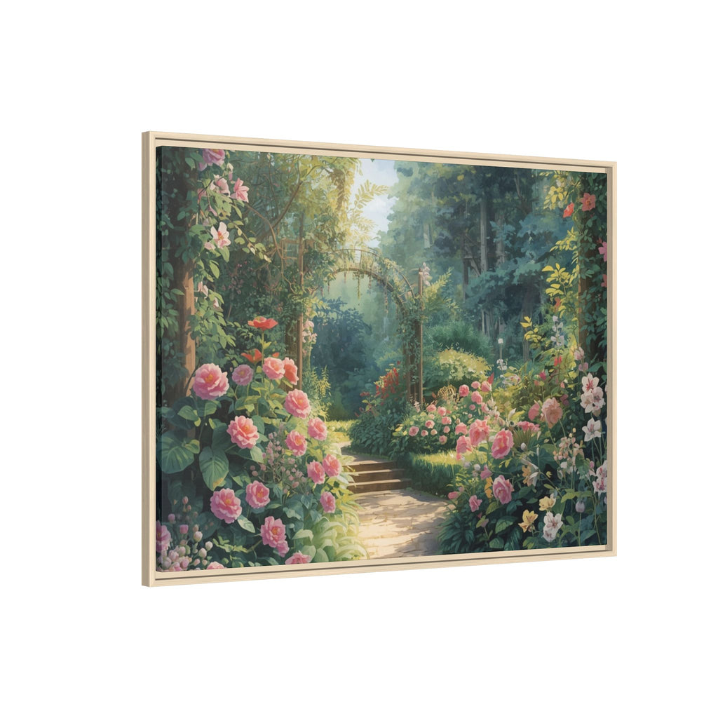 Framed Canvas Wall Art – Enchanting Cottage Garden Path with Pink Roses