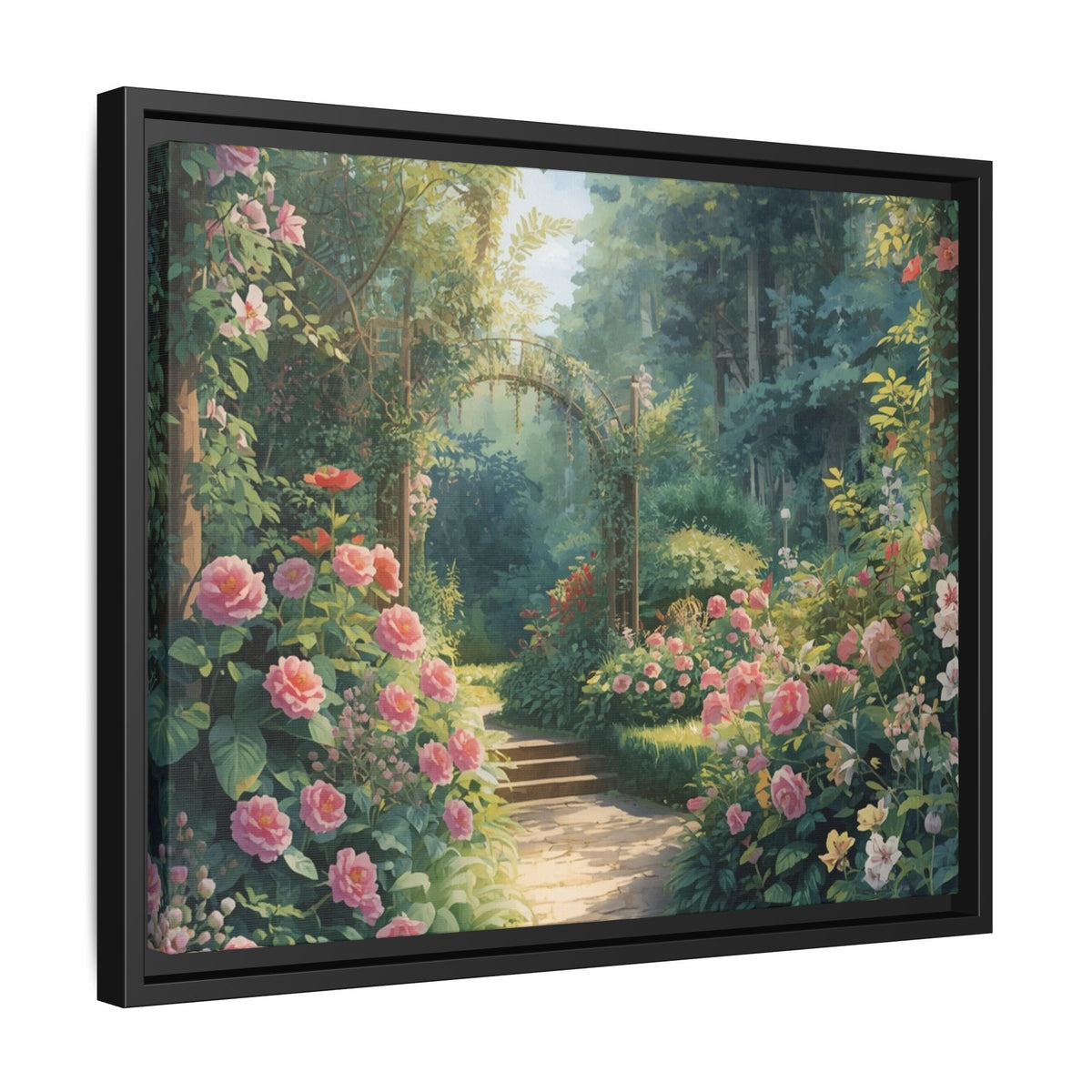 Framed Canvas Wall Art – Enchanting Cottage Garden Path with Pink Roses