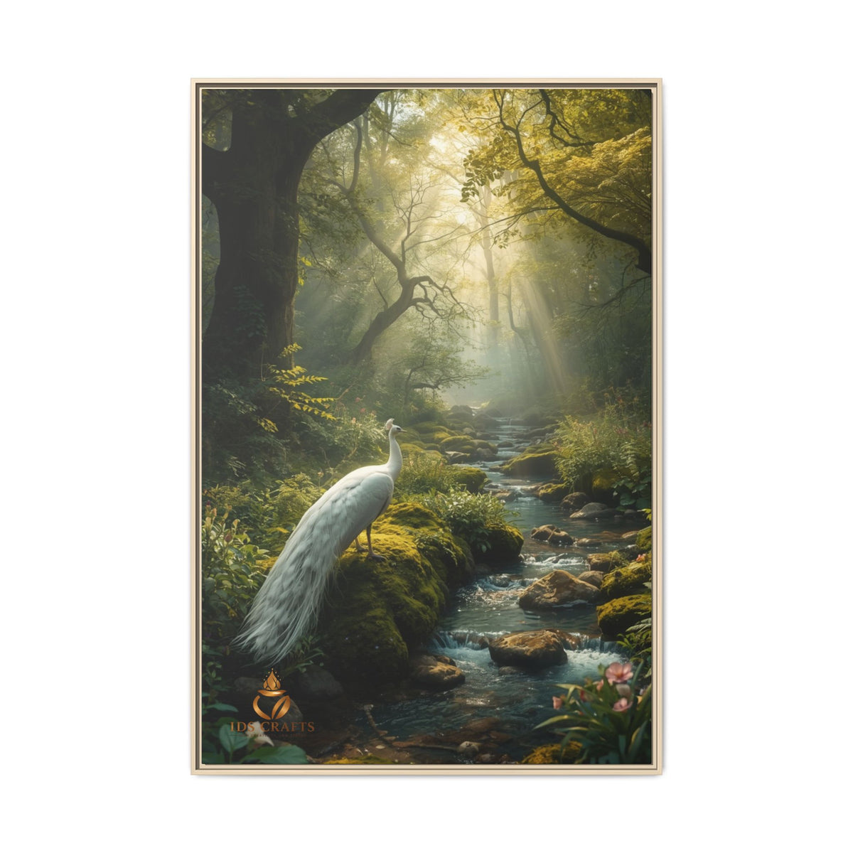 Framed Canvas Wall Art – White Heron in Enchanted Forest Stream