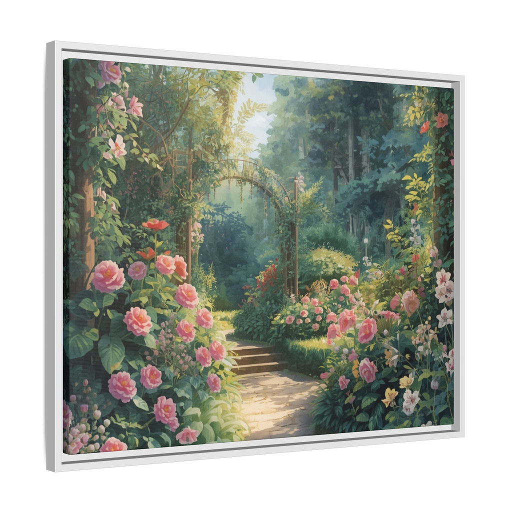 Framed Canvas Wall Art – Enchanting Cottage Garden Path with Pink Roses
