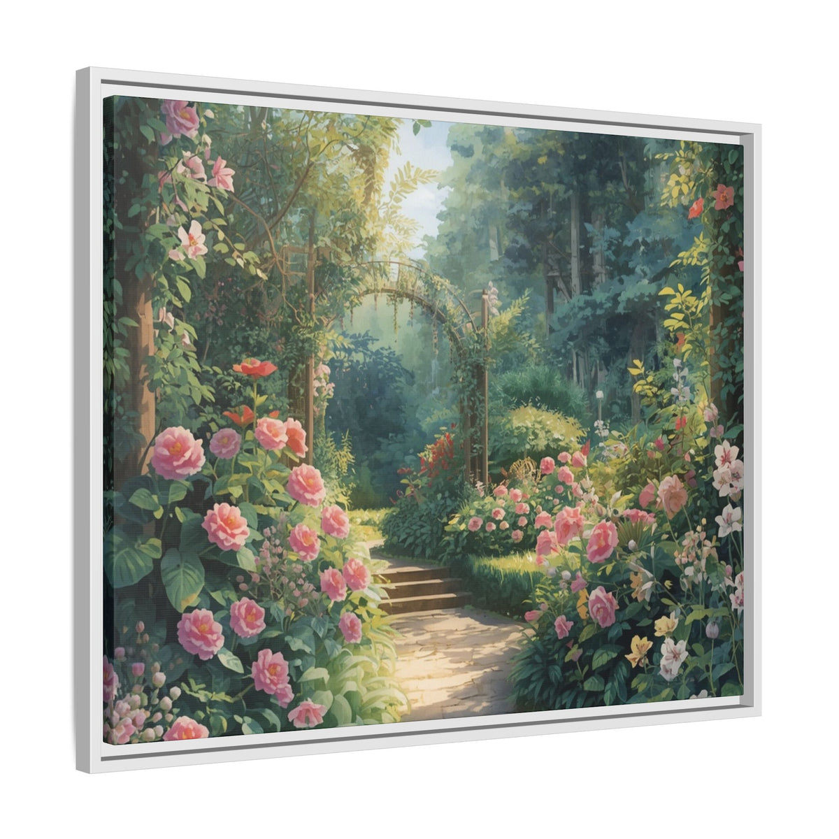 Framed Canvas Wall Art – Enchanting Cottage Garden Path with Pink Roses