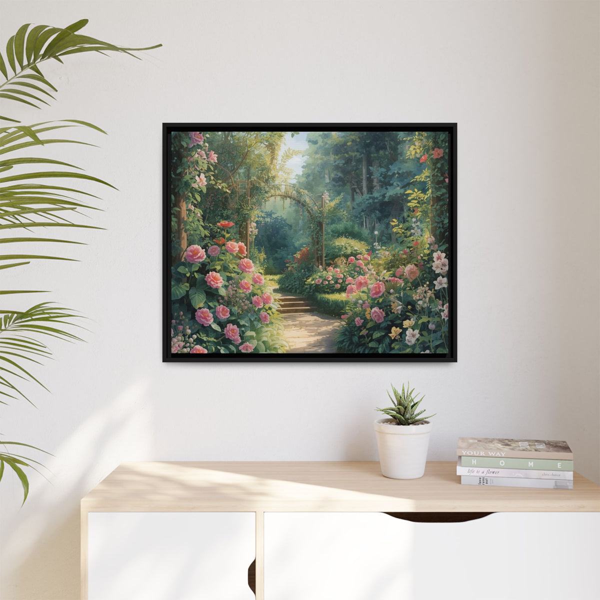 Framed Canvas Wall Art – Enchanting Cottage Garden Path with Pink Roses
