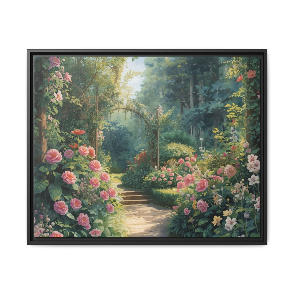 Framed Canvas Wall Art – Enchanting Cottage Garden Path with Pink Roses