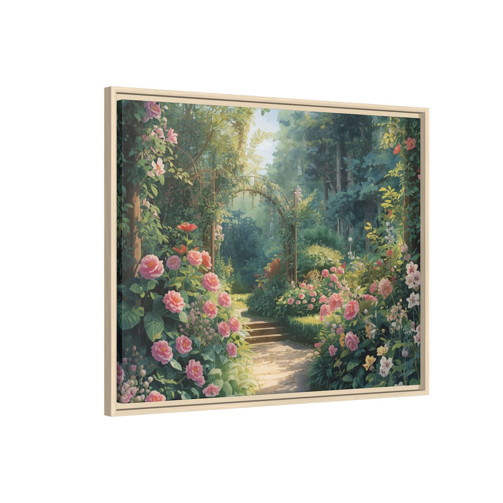 Framed Canvas Wall Art – Enchanting Cottage Garden Path with Pink Roses