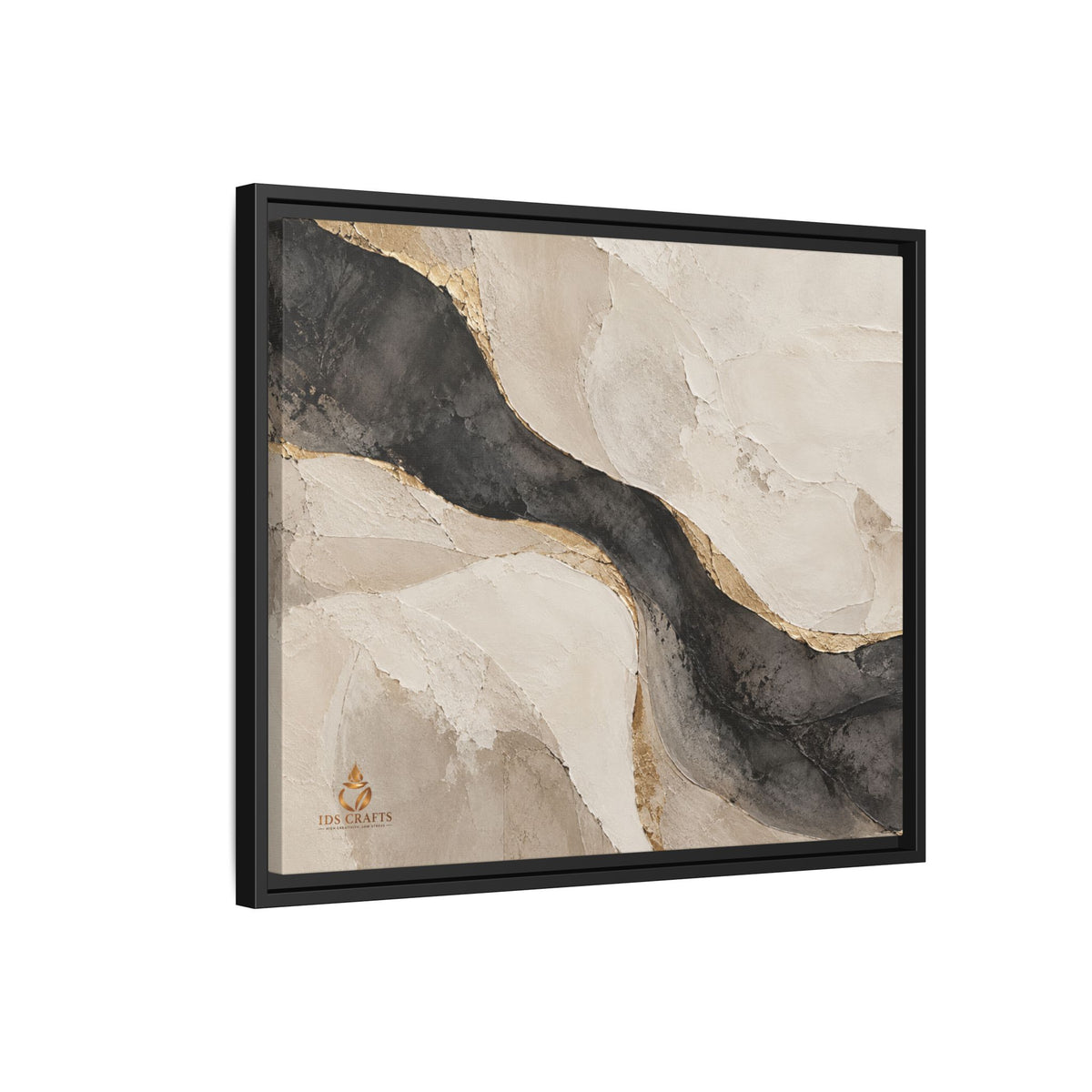 Framed Canvas Wall Art – Neutral Black, Beige & Gold Abstract
