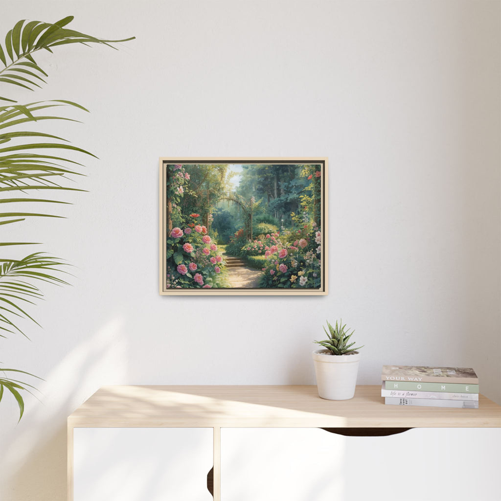 Framed Canvas Wall Art – Enchanting Cottage Garden Path with Pink Roses