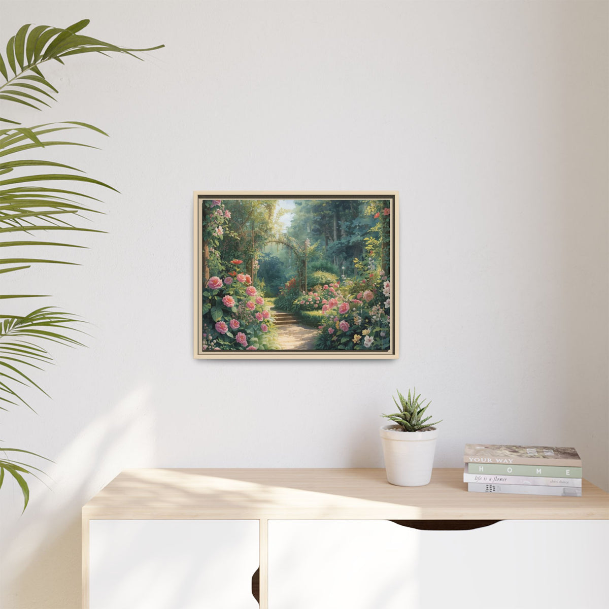 Framed Canvas Wall Art – Enchanting Cottage Garden Path with Pink Roses