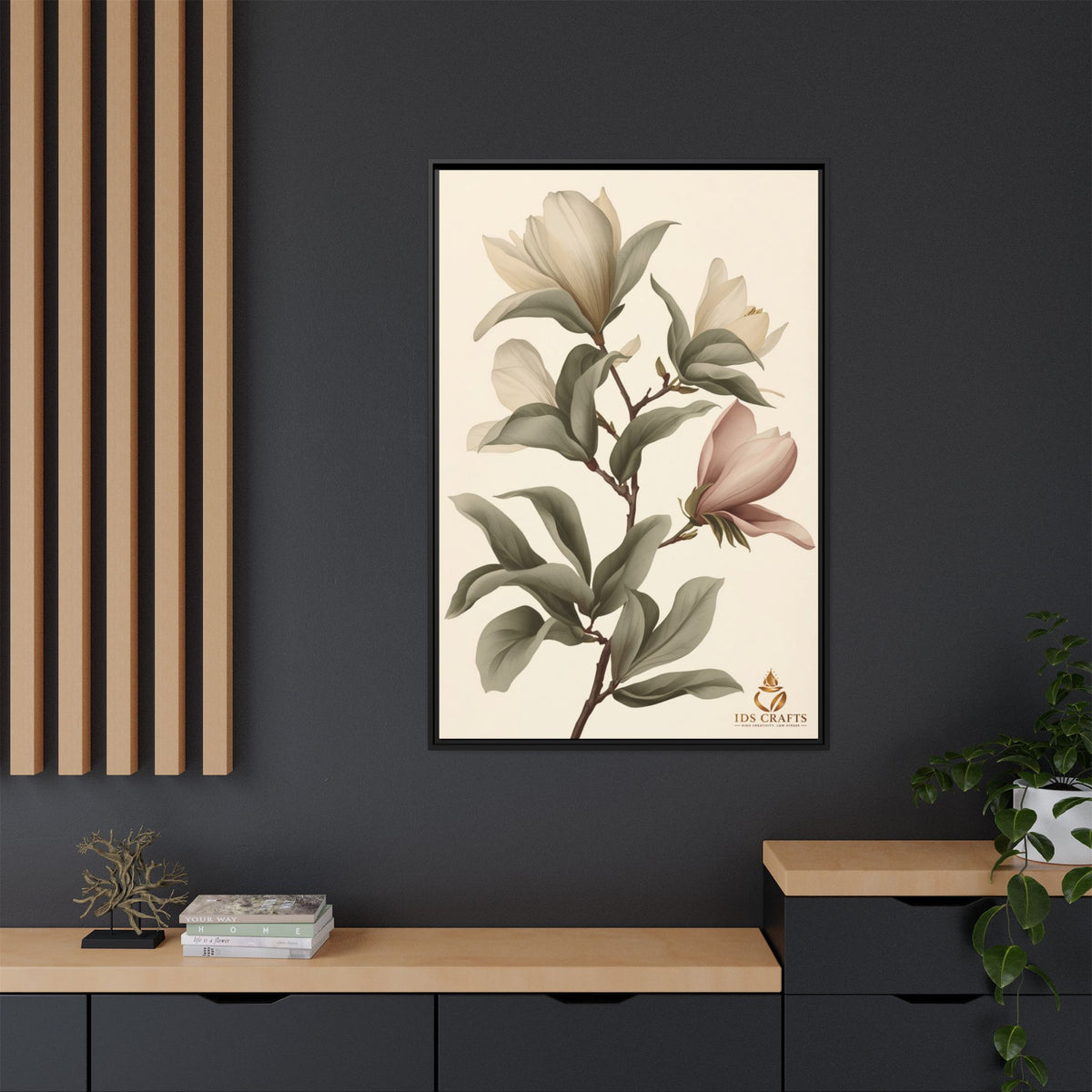 Framed Canvas Wall Art – Elegant Neutral Magnolia Botanical Print