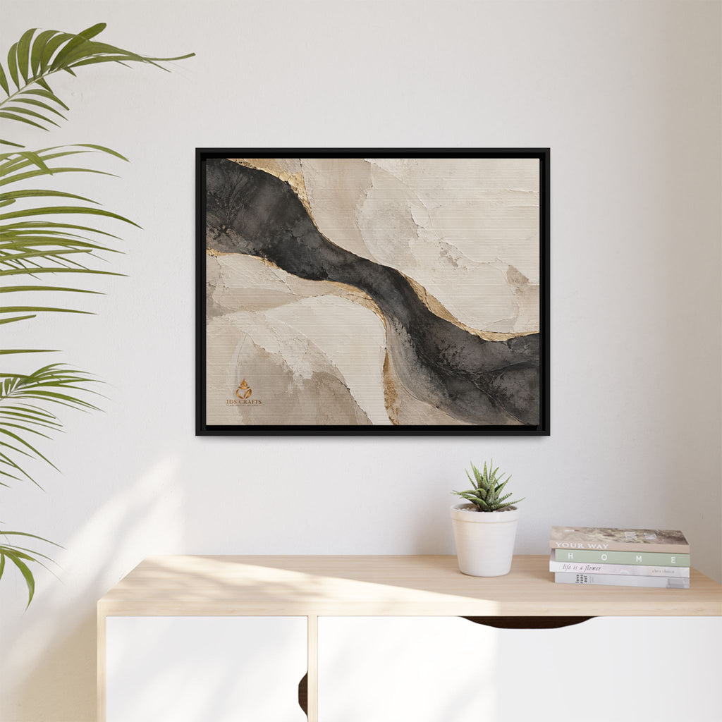 Framed Canvas Wall Art – Neutral Black, Beige & Gold Abstract