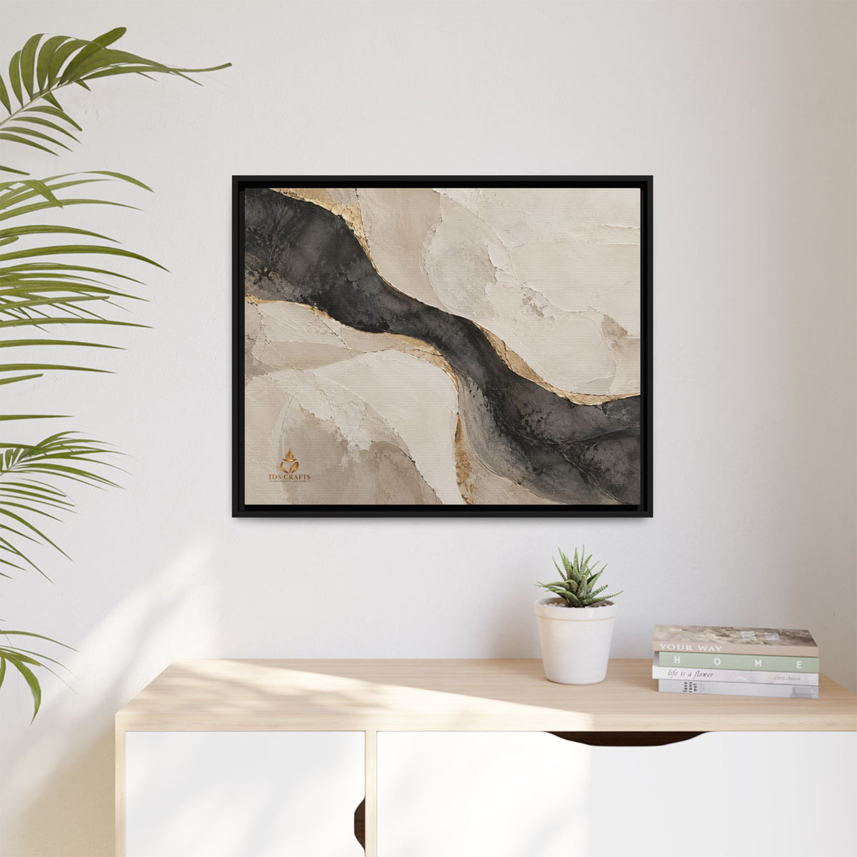 Framed Canvas Wall Art – Neutral Black, Beige & Gold Abstract