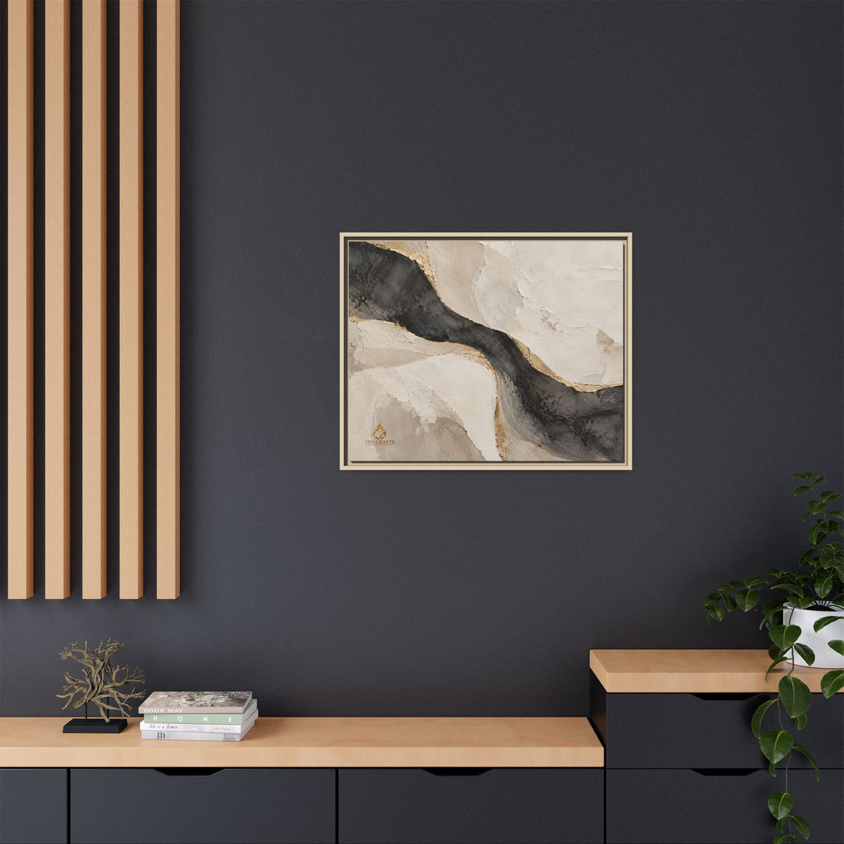 Framed Canvas Wall Art – Neutral Black, Beige & Gold Abstract