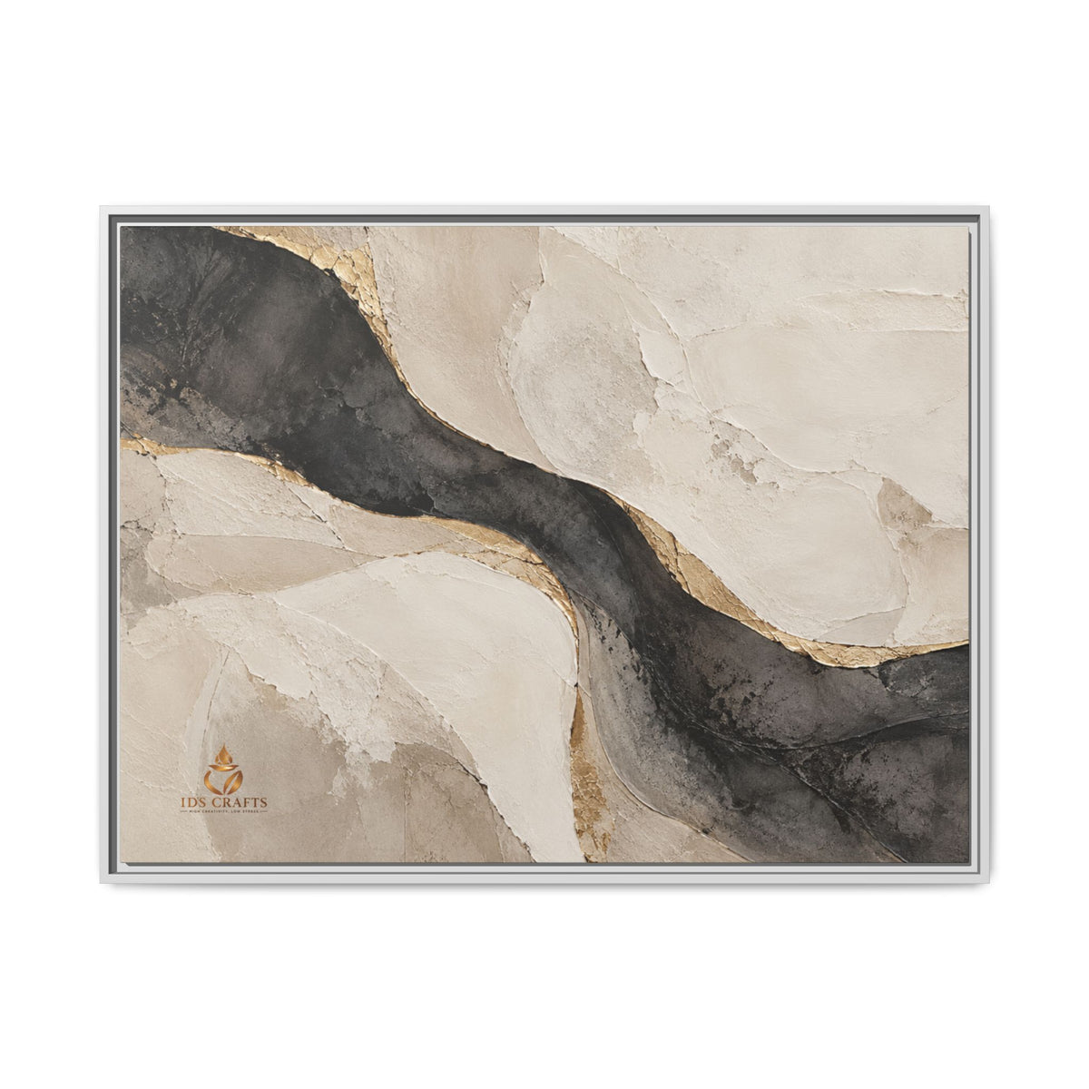 Framed Canvas Wall Art – Neutral Black, Beige & Gold Abstract