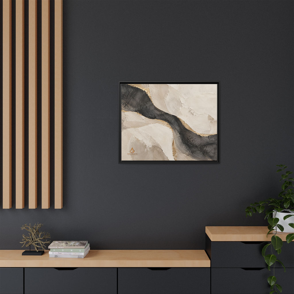 Framed Canvas Wall Art – Neutral Black, Beige & Gold Abstract
