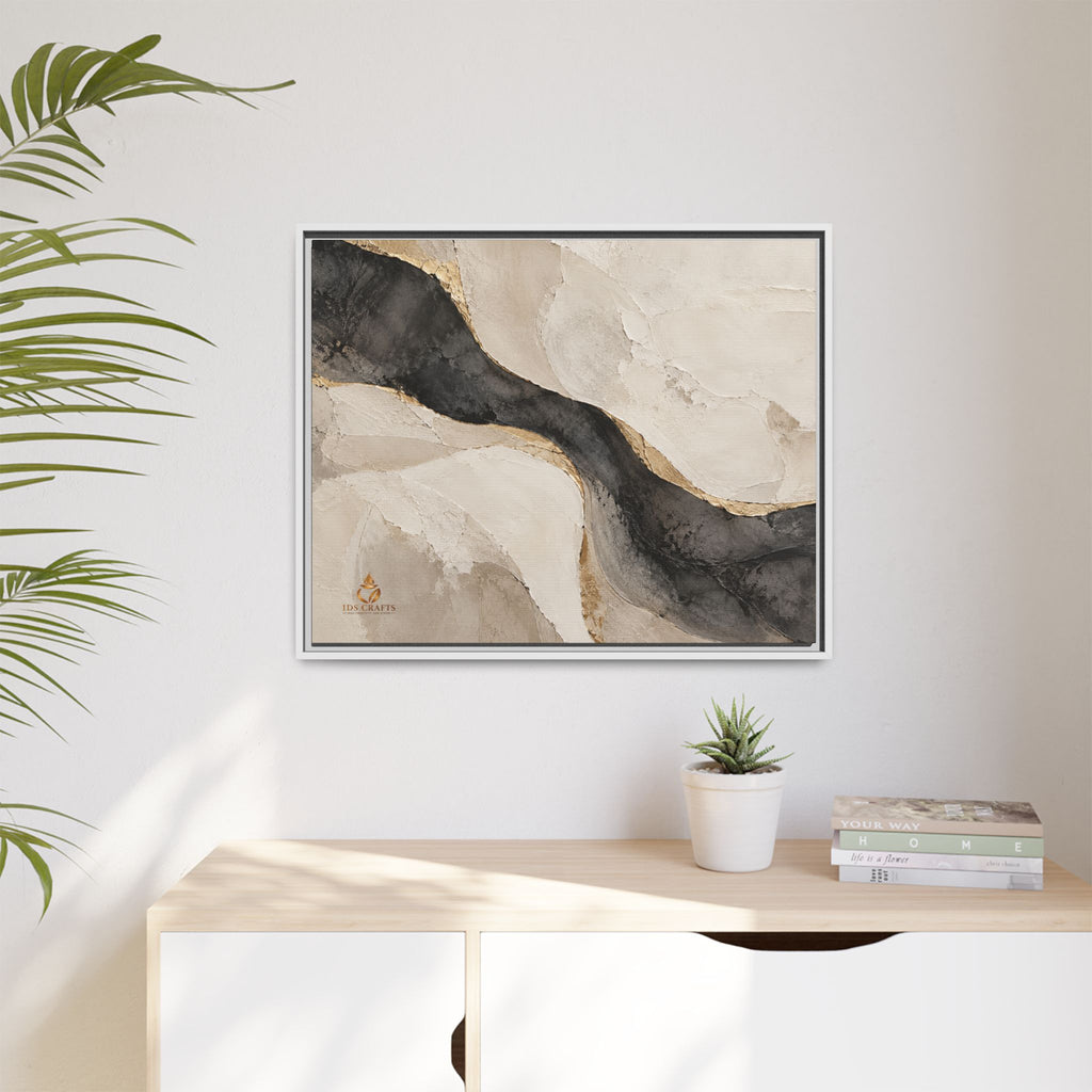 Framed Canvas Wall Art – Neutral Black, Beige & Gold Abstract