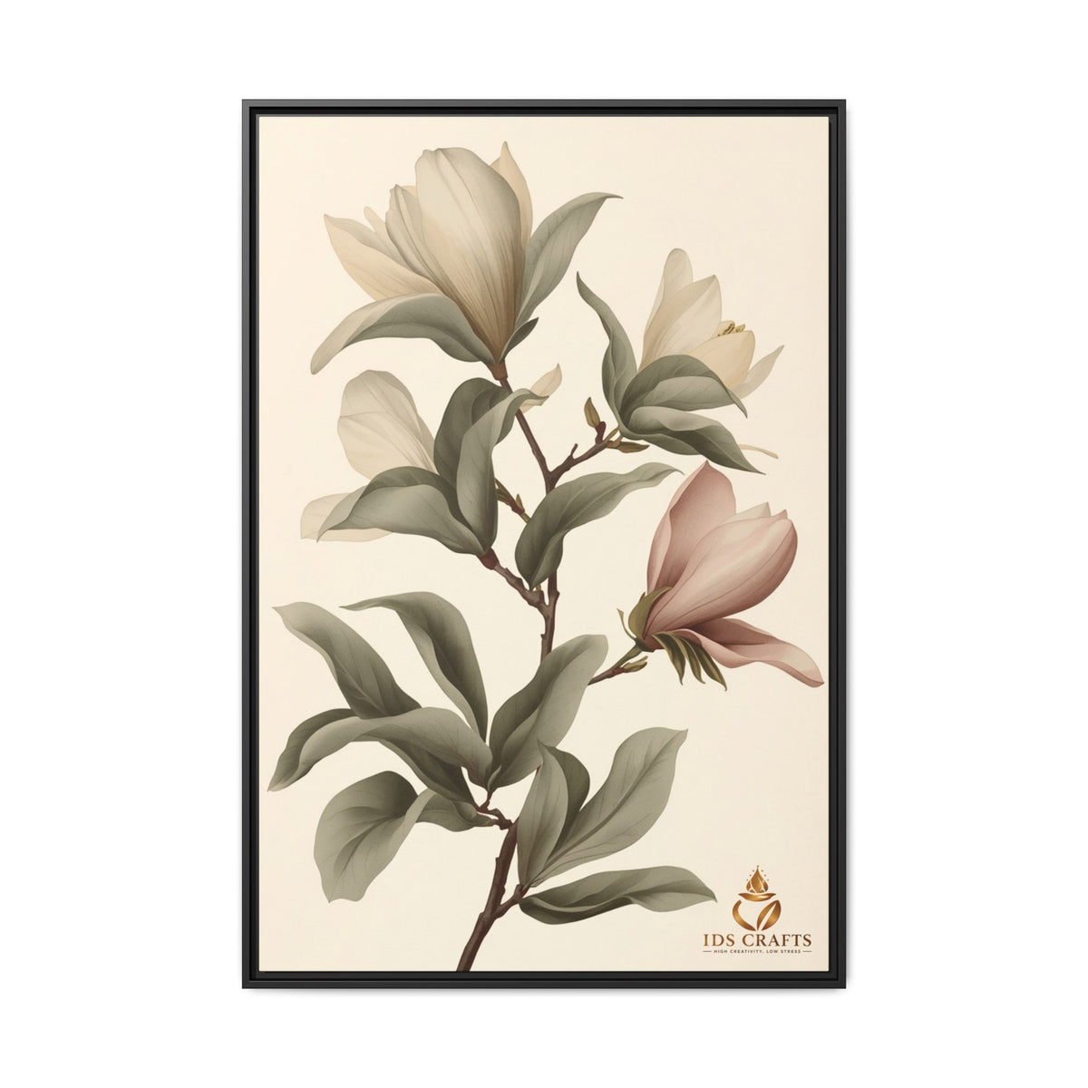 Framed Canvas Wall Art – Elegant Neutral Magnolia Botanical Print