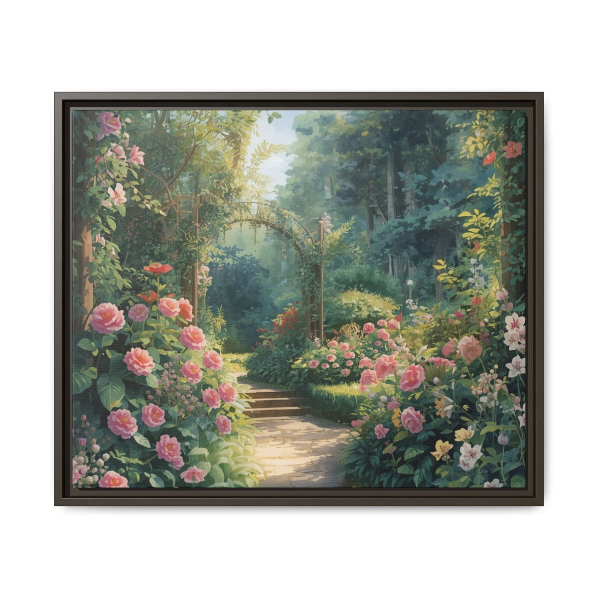 Framed Canvas Wall Art – Enchanting Cottage Garden Path with Pink Roses