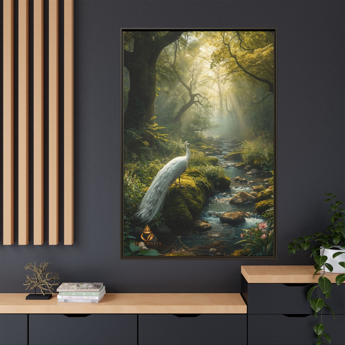 Framed Canvas Wall Art – White Heron in Enchanted Forest Stream