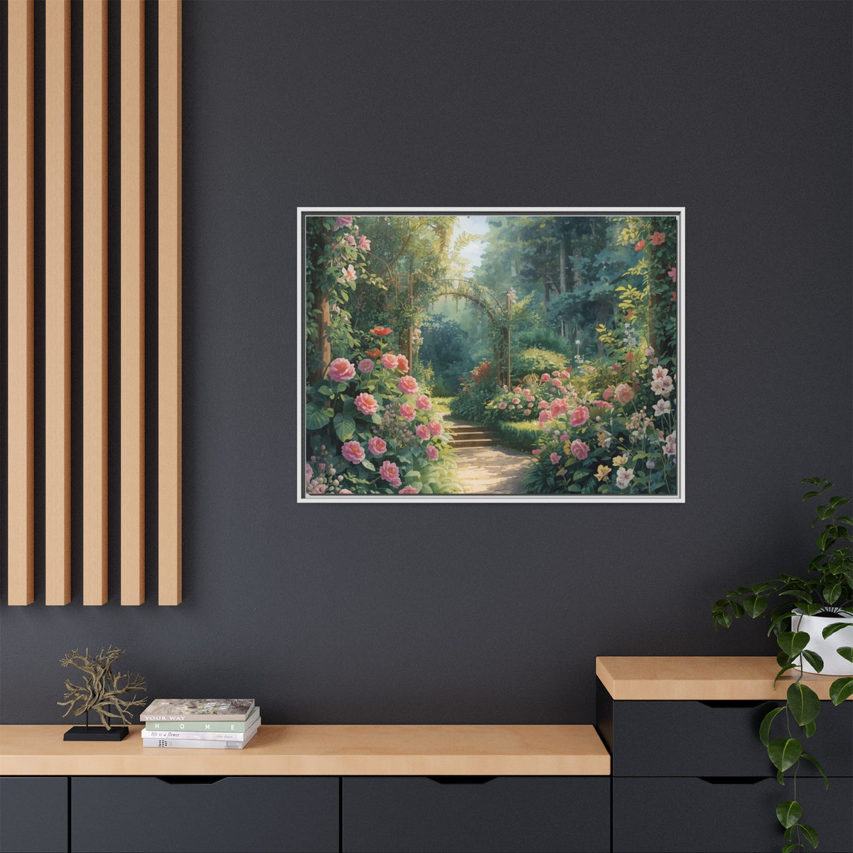 Framed Canvas Wall Art – Enchanting Cottage Garden Path with Pink Roses