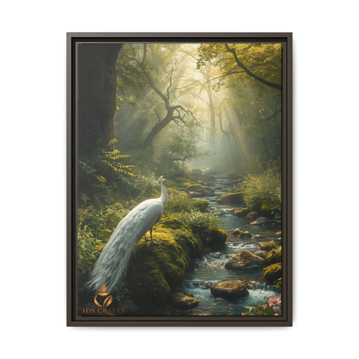 Framed Canvas Wall Art – White Heron in Enchanted Forest Stream