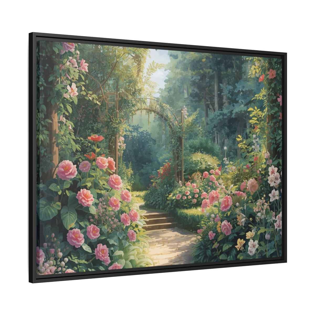 Framed Canvas Wall Art – Enchanting Cottage Garden Path with Pink Roses