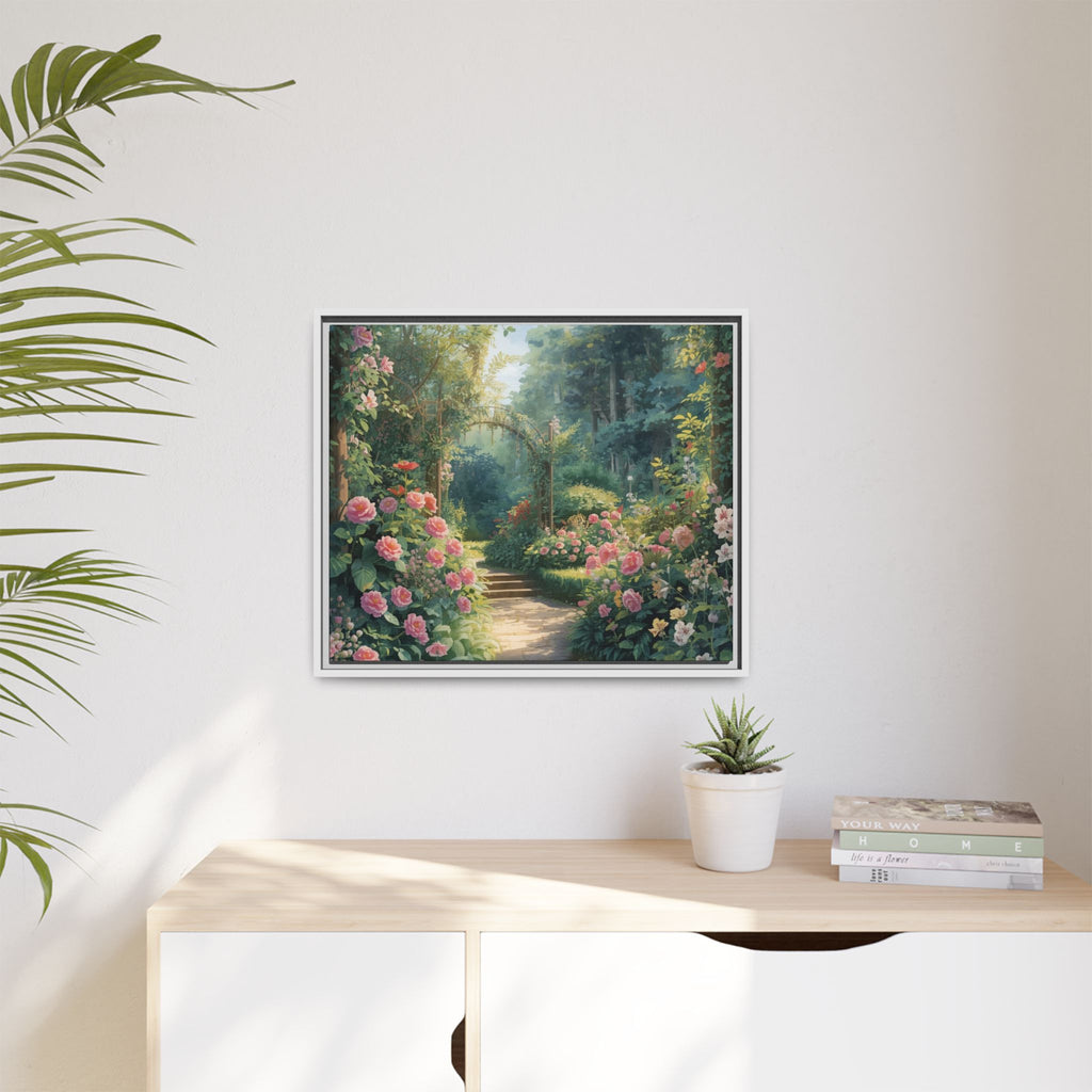 Framed Canvas Wall Art – Enchanting Cottage Garden Path with Pink Roses