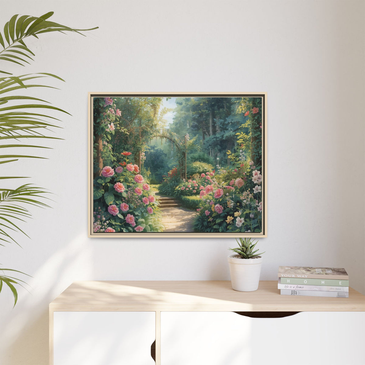 Framed Canvas Wall Art – Enchanting Cottage Garden Path with Pink Roses